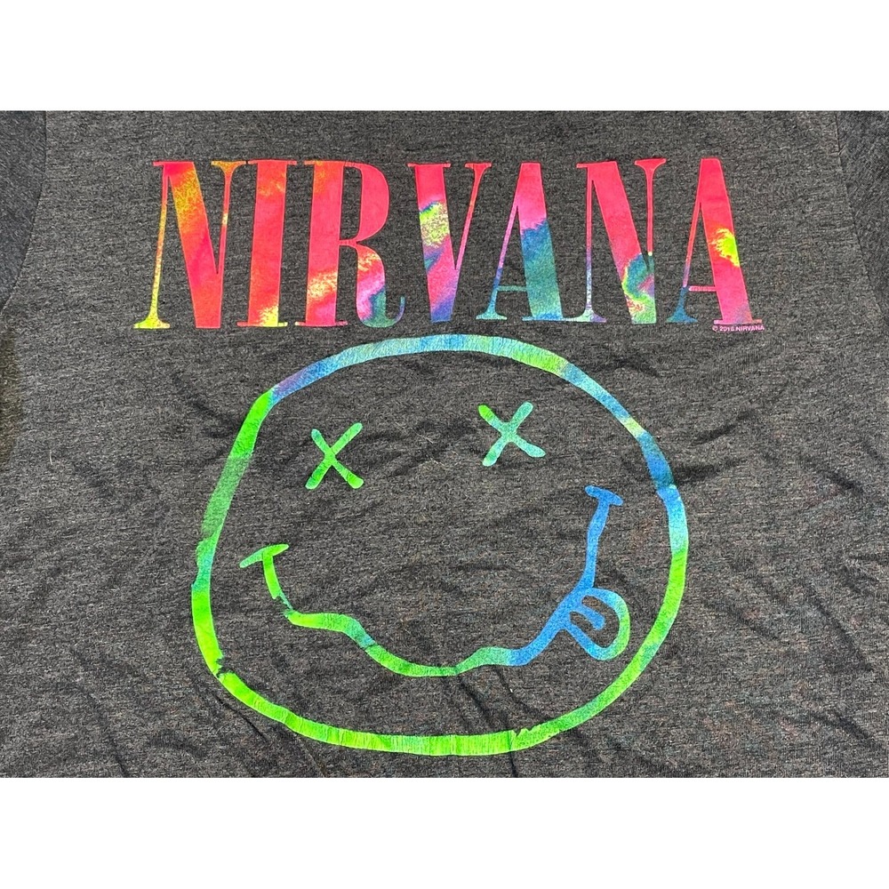 Nirvana Cropped T-Shirt Womens Small Gray Cotton Spellout Smiley Face Graphic